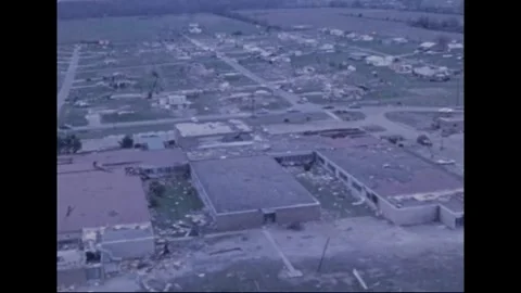MADISON - 1974: Tornado Aftermath — Boom crew works at pole by bare lots 스톡 동영상 342230874