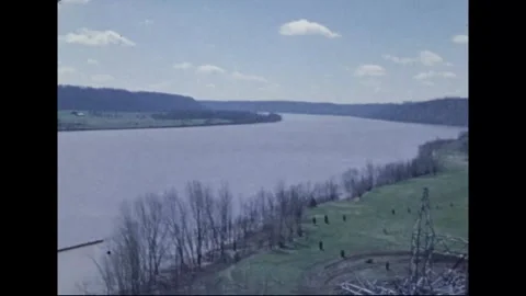MADISON - 1974: Tornado Aftermath — Collapsed tower on river valley flat Stock Footage 342229849