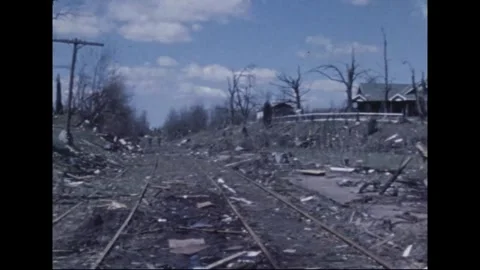 MADISON - 1974: Tornado Aftermath — Debris buries tracks below broken corner Видео 342229929