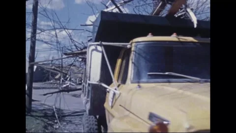 MADISON - 1974: Tornado Aftermath — Dump truck, boom truck and replacement poles Stock Footage 342230280