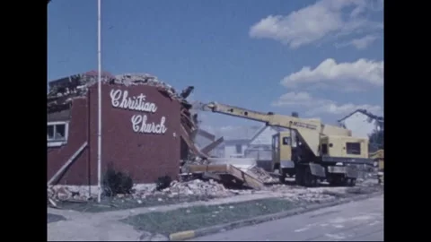 MADISON - 1974: Tornado Aftermath — Excavator tears into collapsed church Stock-Footage 342230041