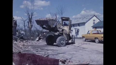 MADISON - 1974: Tornado Aftermath — Loader tips masonry into open truck Stock Footage 342230115