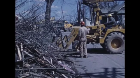 MADISON - 1974: Tornado Aftermath — Low-angle backhoe lifts broken branches Video stock 342230151