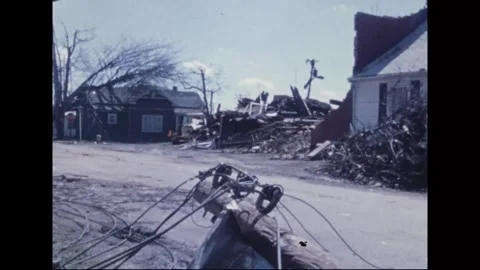 MADISON - 1974: Tornado Aftermath — Snapped pole and wires block street Stock-Footage 342230179