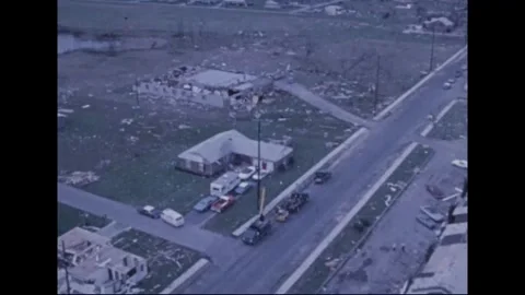 MADISON - 1974: Tornado Aftermath — Stripped apartment row by work yard Video stock 342230894