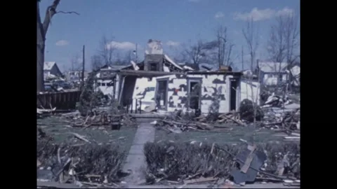MADISON - 1974: Tornado Aftermath — Two-story home with roof and rear wall gone Stock Footage 342229894