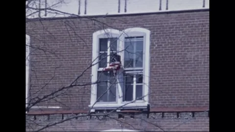 MADISON - 1974: Tornado Aftermath — U.S. flag hangs above uprooted trees Видео 342229953
