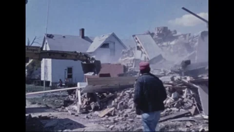 MADISON - 1974: Tornado Aftermath — Wall falls as machines work near cross 動画素材 342230113