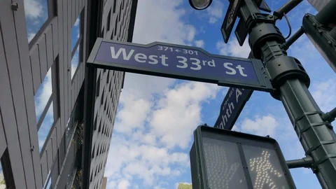 Madison Square Garden.
Sweeping pan from under West street sign to Gate C Video stock 104830972