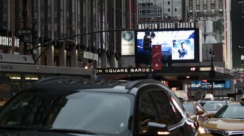 Madison Square Garden Traffic. MSG at night. Rangers Hockey. Knicks Basketball. Video stock 43502339