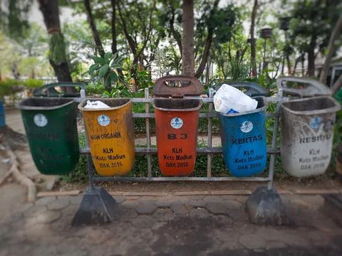 Madiun, East Java, Indonesia - September 23, 2022: Group of Plastic Waste Bin Stock Photos