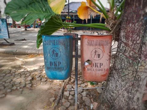 Madiun, East Java, Indonesia - September 23, 2022: Group of Plastic Waste Bin Stock Photos