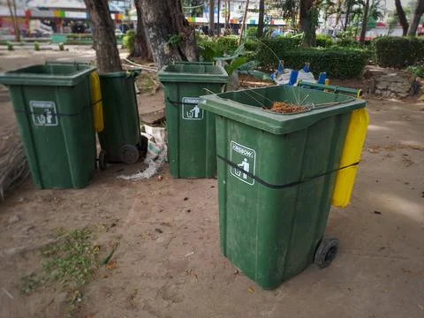 Madiun, East Java, Indonesia - September 23, 2022: Group of Plastic Waste Bin Stock Photos