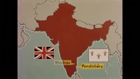 MADRAS - 1956 - Animated map shows early French and British trading posts in Stock Footage 327755022