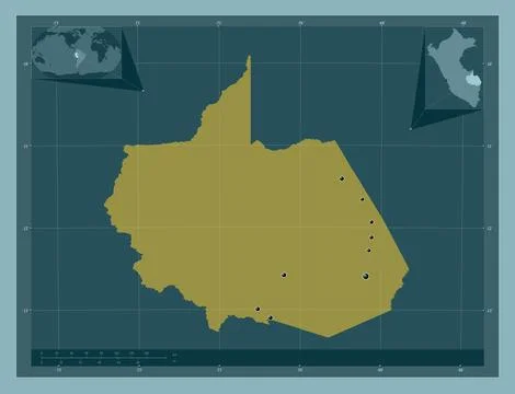 Madre de Dios, Peru. Solid color shape. Locations of major cities of the regi Stock Illustration