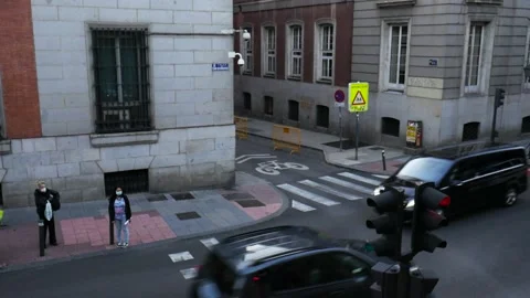 Madrid Busy Intersection Metro Noviciado- People with Masks 2 Oct 2020 Stock Footage 140355567