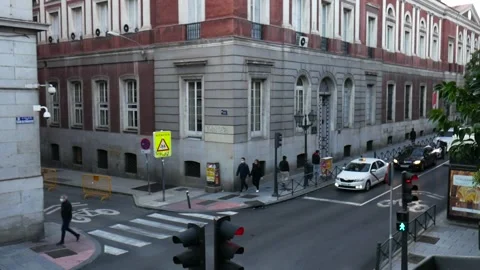 Madrid Busy Intersection Metro Noviciado- People with Masks 3 Oct 2020 Stock Footage 140355573