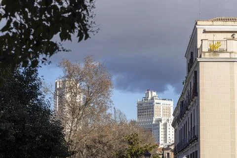 Madrid cityscape featuring edificio espana and torre de madrid Stock Photos