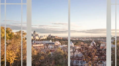 Madrid cityscape as seen from a white window Stock Footage 140760792