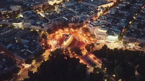 Madrid in the evening drone view, downtown Madrid with night lights, Puerta de Stock Footage 287074571