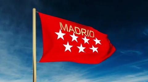 Madrid flag slider style with title. Waving in the wind with cloud background 스톡 동영상 48327691