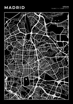 Madrid Map Wall Art Frame, Cartography Map Print, City Layout Map Stock Illustration