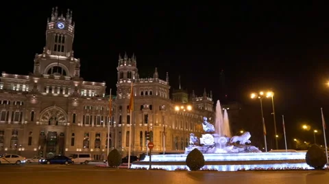 Madrid night light post office building fountain plaza de la cibeles 4k spain Stock Footage 48663876