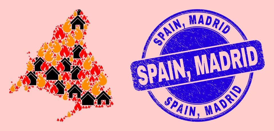 Madrid Province Map Composition of Flame and Homes and Distress Spain, Madrid Ilustración de archivo