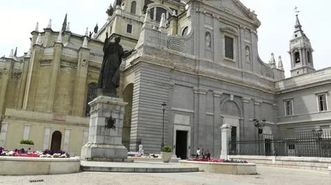 Madrid Santa Maria Almudena and Statue of Pope John Paul II 01 Stock Footage