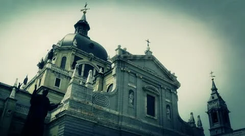Madrid Santa Maria Almudena and Statue of Pope John Paul II 07 stylized Stock Footage