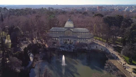 Madrid Skyline Featuring Crystal Palace - 4K Drone Video Stock Footage 296326099
