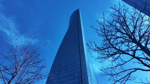 Madrid skyscraper viewed from below with tree branches and dramatic perspective Stock Footage 332789518