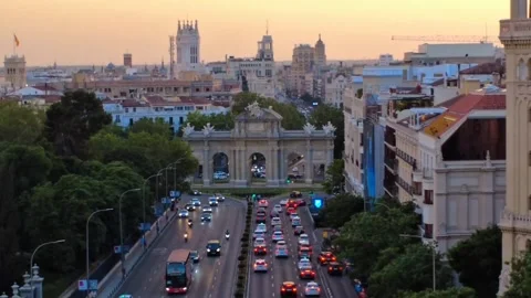 Madrid. Spain. 05-30-2025. Alcal Gate from Above at Sunset, Madrid Skyline Vi Stock Footage 310537490