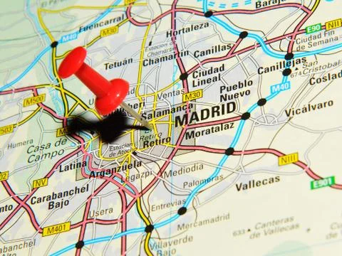 Madrid, Spain marked with red pushpin on map Stock Photos