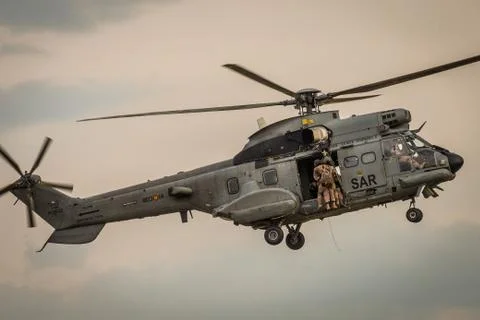 MADRID, SPAIN - May 14, 2016: Helicoptero del SAR realizando un simulacro de  Stock Photos