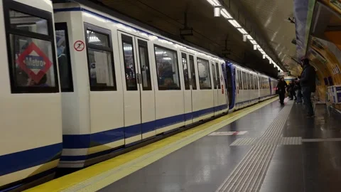 Madrid, Spain - OCT 19, 2024: Metro wagon arriving at the Madrid Metro station. Stock Footage 312143759