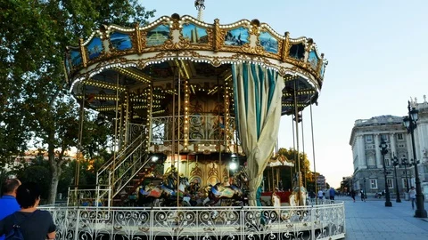 Madrid, Spain - Oct 2019: Rotating Vintage Carousel footage Stock Footage 117349796