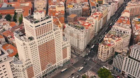 MADRID, SPAIN - OCTOBER 28, 2024: Aerial view of bustling city streets Stock Footage 290800714