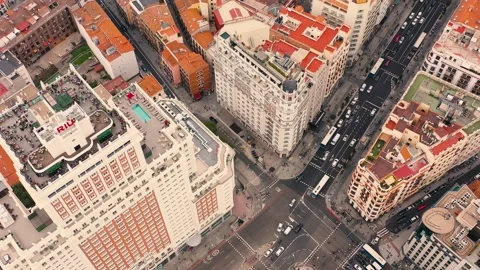 MADRID, SPAIN - OCTOBER 28, 2024: Aerial view of bustling city streets Stock Footage 290800806
