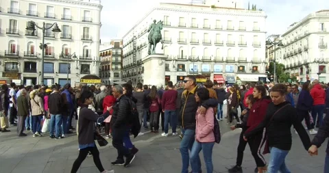 Madrid, Spain. On the Puerta del Sol near the Equestrian Statue of Charles III. Stock Footage 147313702