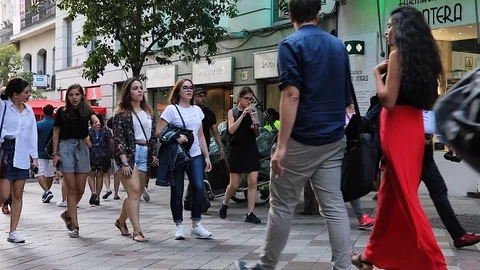 MADRID, SPAIN - SEPTEMBER 10: Timelapse view of people in the pedestrian zone on Stock Footage 100875360