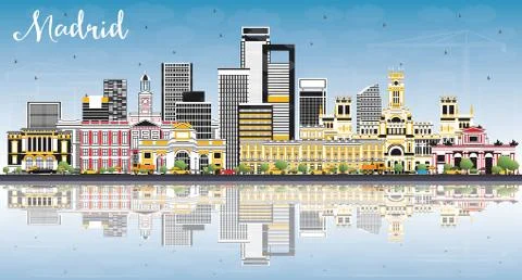 Madrid Spain Skyline with Gray Buildings, Blue Sky and Reflections. Ilustración de archivo