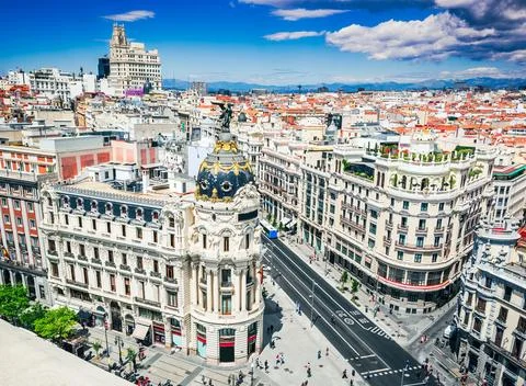 Madrid, Spain. Skyline of Madrid with Edificio Metropolis and Gran Via Stock Photos