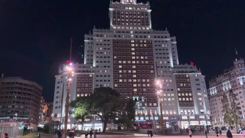 Madrid, Spain, Spain Square, with Edificio Spain at night in Madrid Stock Footage 300196896