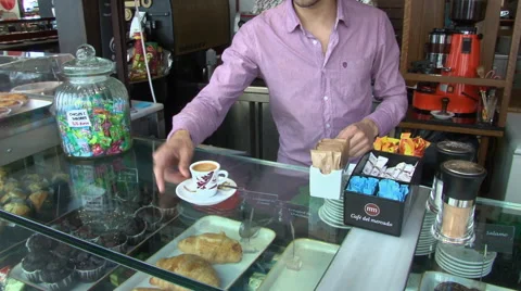 Madrid, Spain - Tapas Bar Espresso Coffee Service Stock Footage 56468171