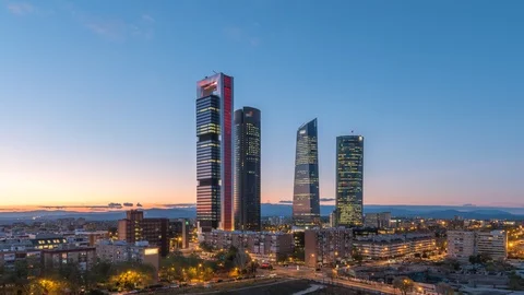 Madrid Spain time lapse 4K, city skyline day to night sunset timelapse Stock Footage 107211672