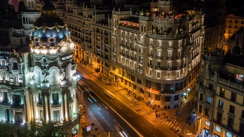 Madrid, Spain, Zoom Out Time Lapse View of Night Traffic on Gran Via Street Stock Footage 109147015