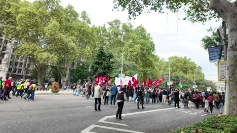 Madrid's Streets Alive: Protests on a Cloudy Day Stock Footage 290778230
