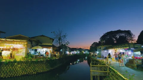 Mae Kha Canal Market at Dusk in Chiang Mai Thailand Stock Footage 342339853