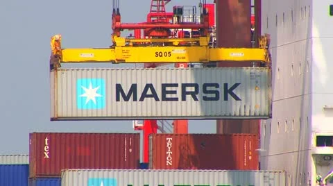 Maersk Container Being Loaded Onto Ship 3 Stock Footage